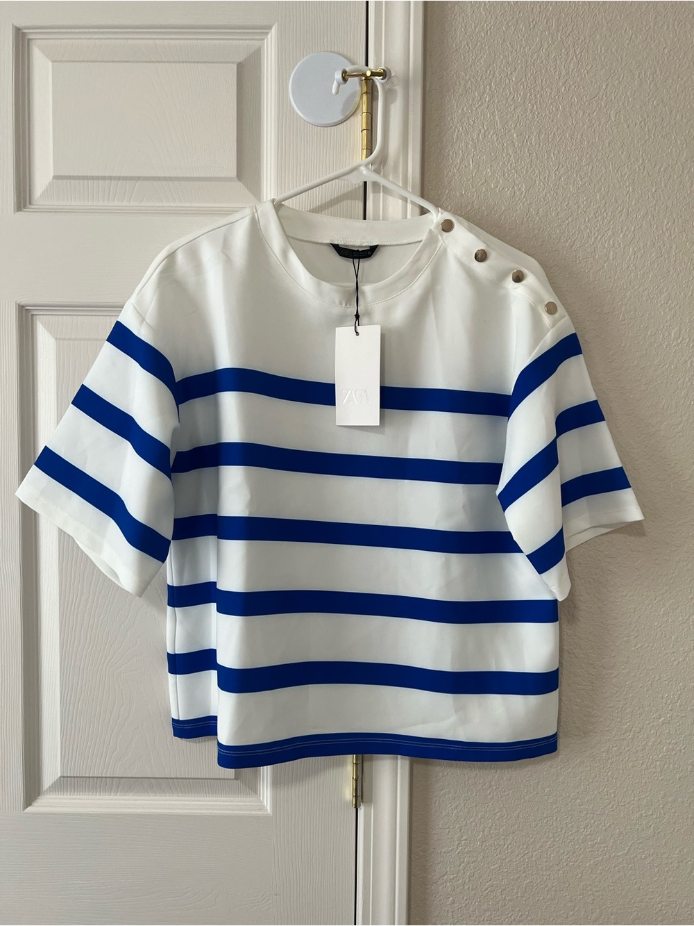 Zara Blue White Striped Snap Shoulder Top NWT Size M Nautical Coastal Chic